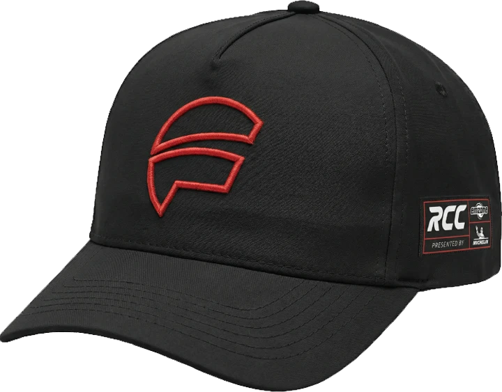 Black structured cap with red embroidered logo